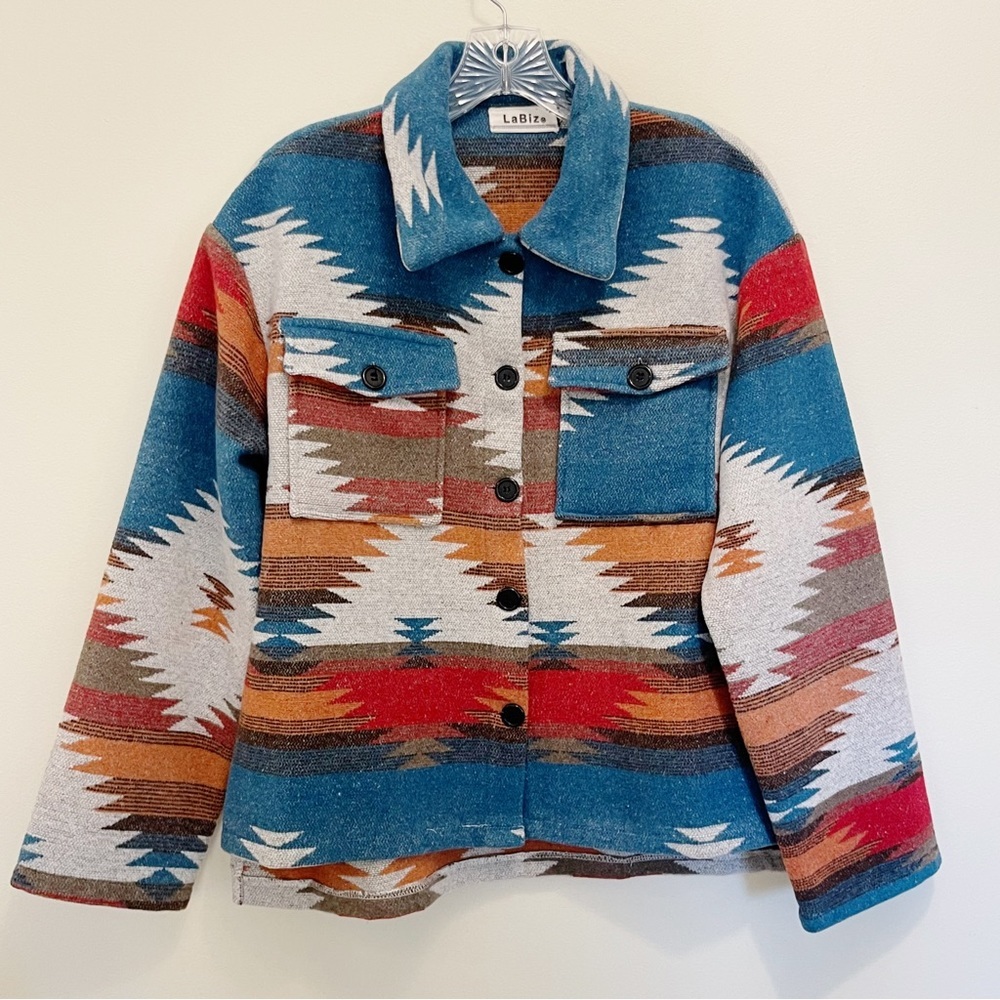 LABIZ Southwestern Rustic Boho Desert Core Aztec Print Shacket